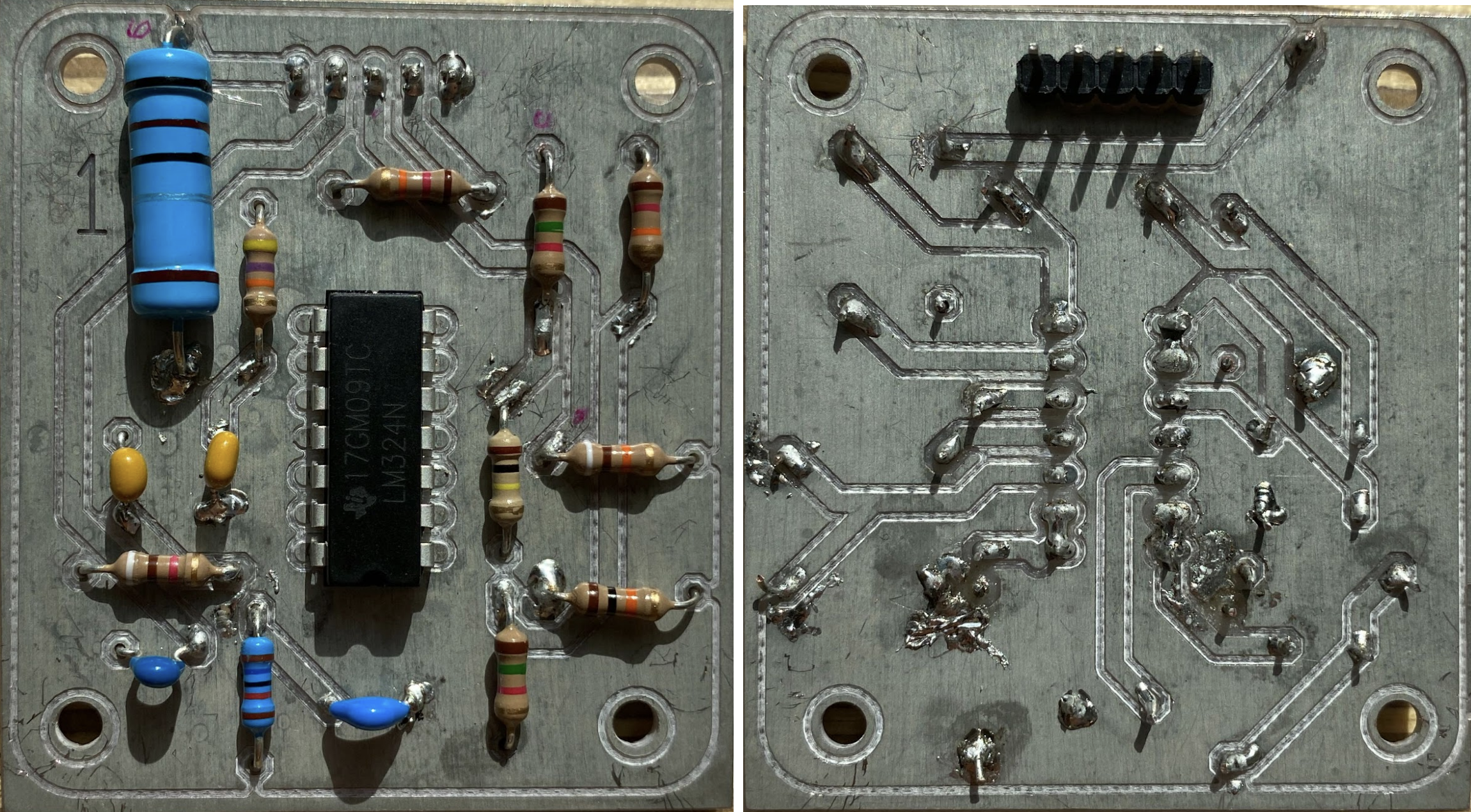 Front and back of the soldered current-sensing PCB.