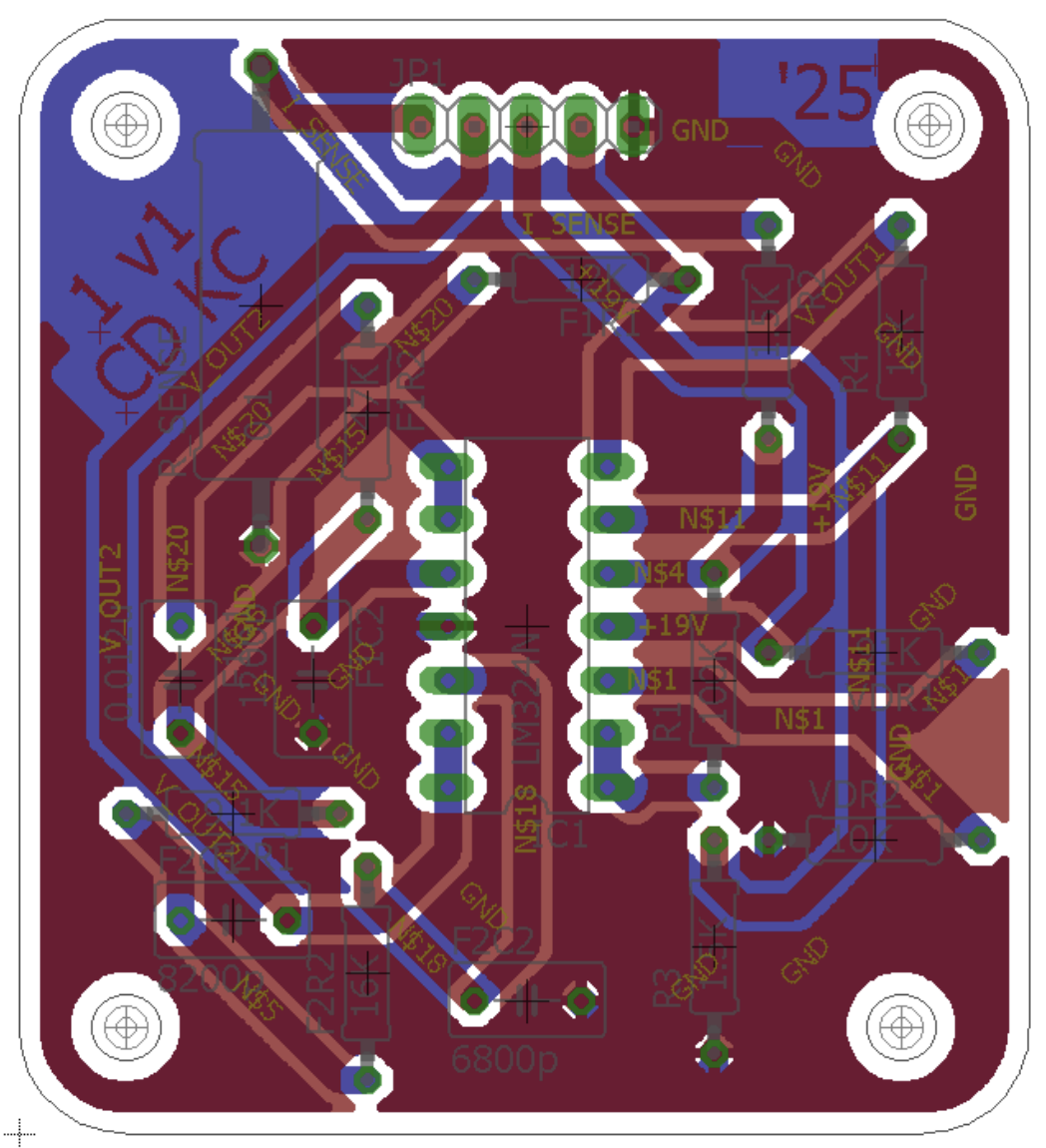 Combined top and bottom layers of the current-sensing PCB layout.