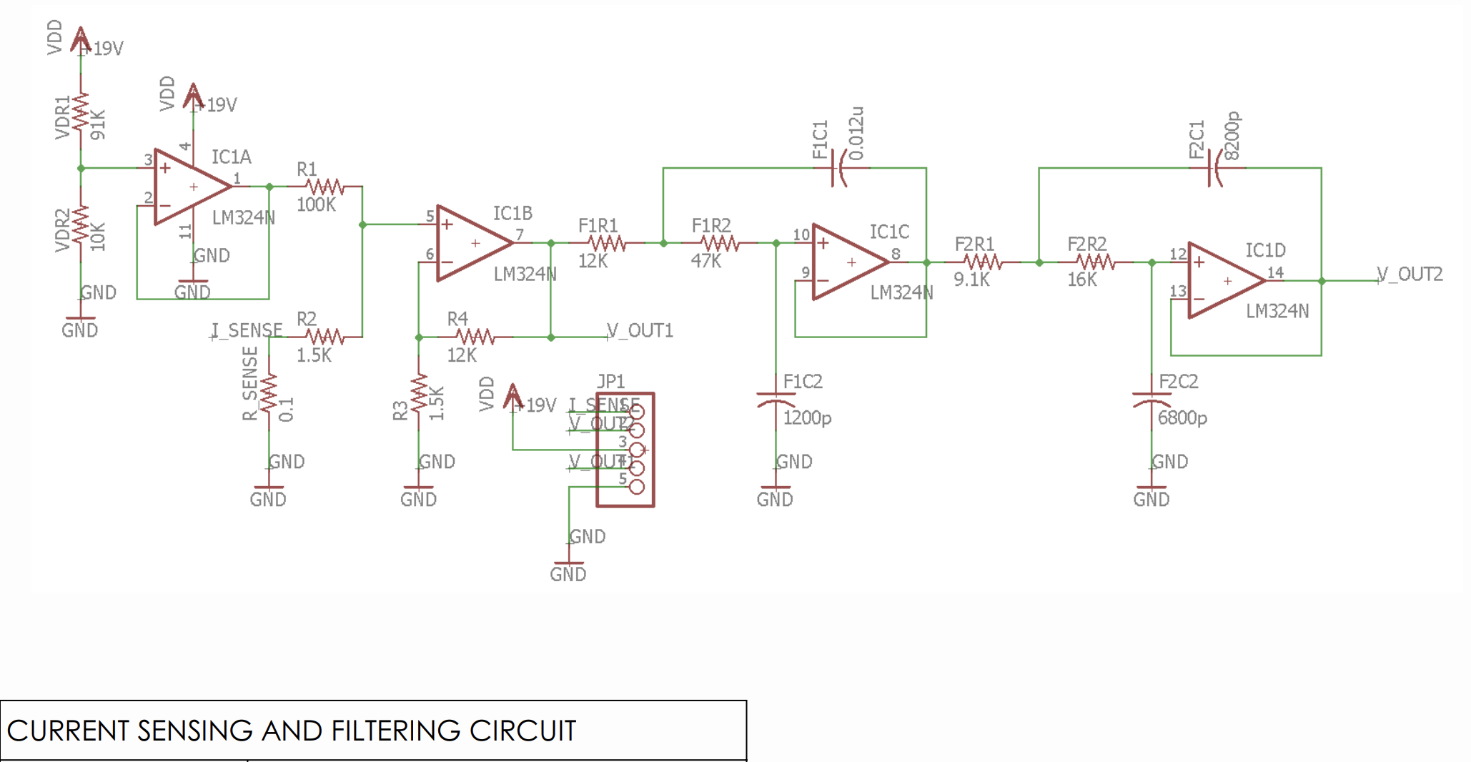 Current-sensing and filtering schematic, including the buffered reference, amplifier, and two filter stages.